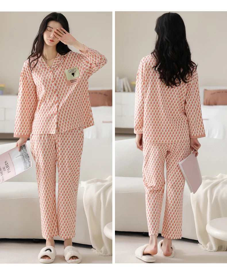 Women’s Winter 100% Cotton Pajama Set – Loose Fit, Turn-Down Collar, Long Sleeves, Cute Pink