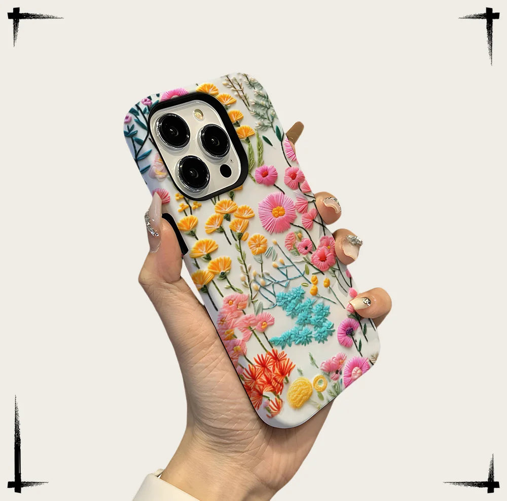 Wildflower Boho Embroidery Effect Flower Case for iPhone 16 15 Pro Max 14 Plus Protective 2 in 1 Double Deck Cover