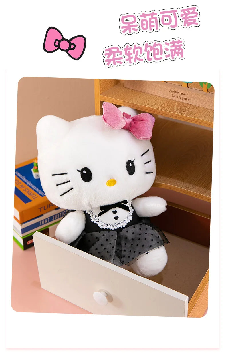 Kawaii Kuromi My Melody Plush Toy with Black Bow Skirt Cute Hello Kitty Stuffed Doll for Kids Birthday Xmas Gift Large Size Toy
