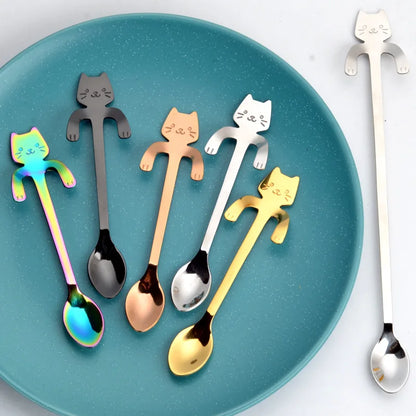 304 Stainless Steel Coffee Spoon Lovely Cute Cat Shape Teaspoon Dessert Snack Scoop Ice Cream Mini Spoons Kitchen ToolsTableware