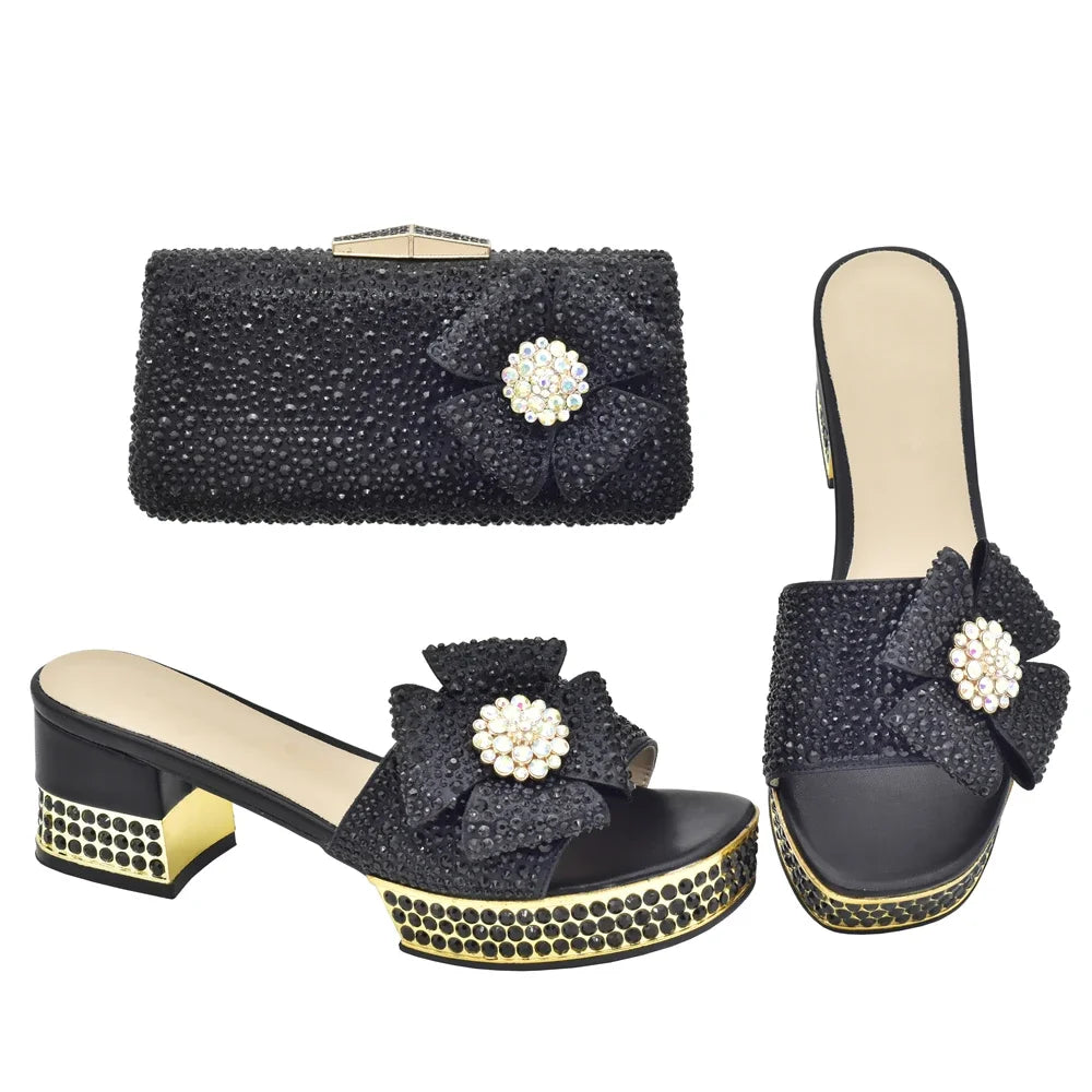 Nigerian Italian Shoes and Bags Set Decorated with Rhinestone Luxury Shoe and Bag Set for Party in Women