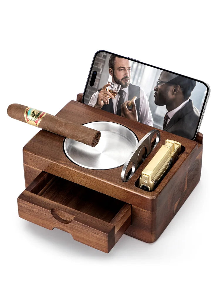 Cigar Ashtray Wooden Cigar Ashtray with Drawer, Cigar Cutter, Phone Holder, Tablet Accessories