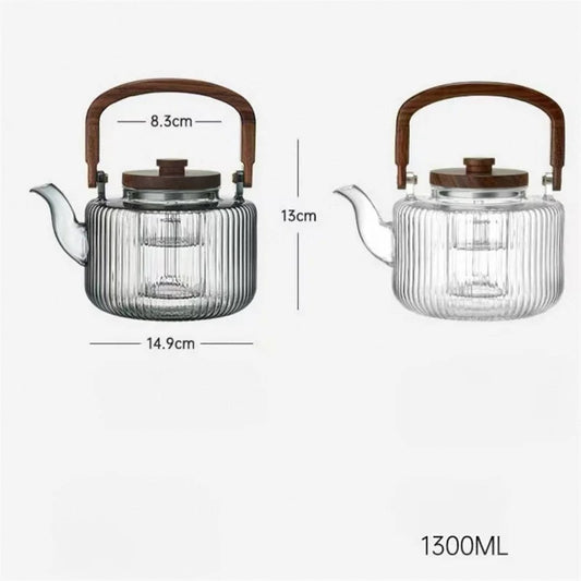 Large Capacity 1300ml Stripe Pattern Glass Teapot with Wooden Beam Handle