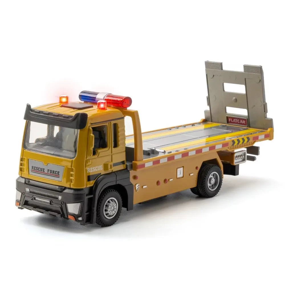 1:32 Roadblock Transport Truck Flatbed Trailer Model Toys Diecast Alloy Car Doors Opened Sound Light Pull Back Vehice Boy's Puzz