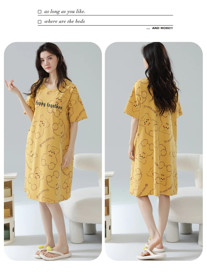 Women’s Cotton Nightgown – Korean Style Cute Print, Summer Short Sleeve Sleepwear Dress