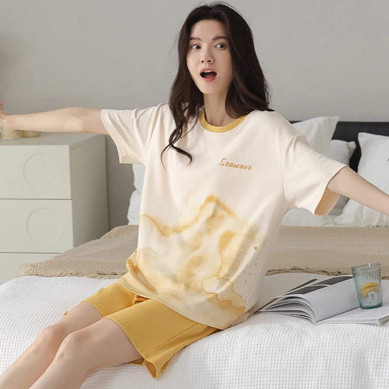 2-Pcs Women’s Cotton Pajama Set – Breathable Short Sleeve Summer Sleepwear with Cute Prints