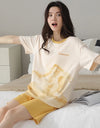2-Pcs Women’s Cotton Pajama Set – Breathable Short Sleeve Summer Sleepwear with Cute Prints