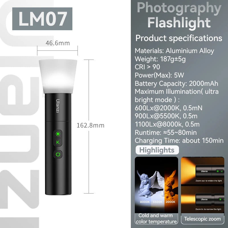 LM07 LED Videography Flashlight – Bi-Color, Zoomable Spotlight, Portable Multicolor Fill Light for Photography & Video