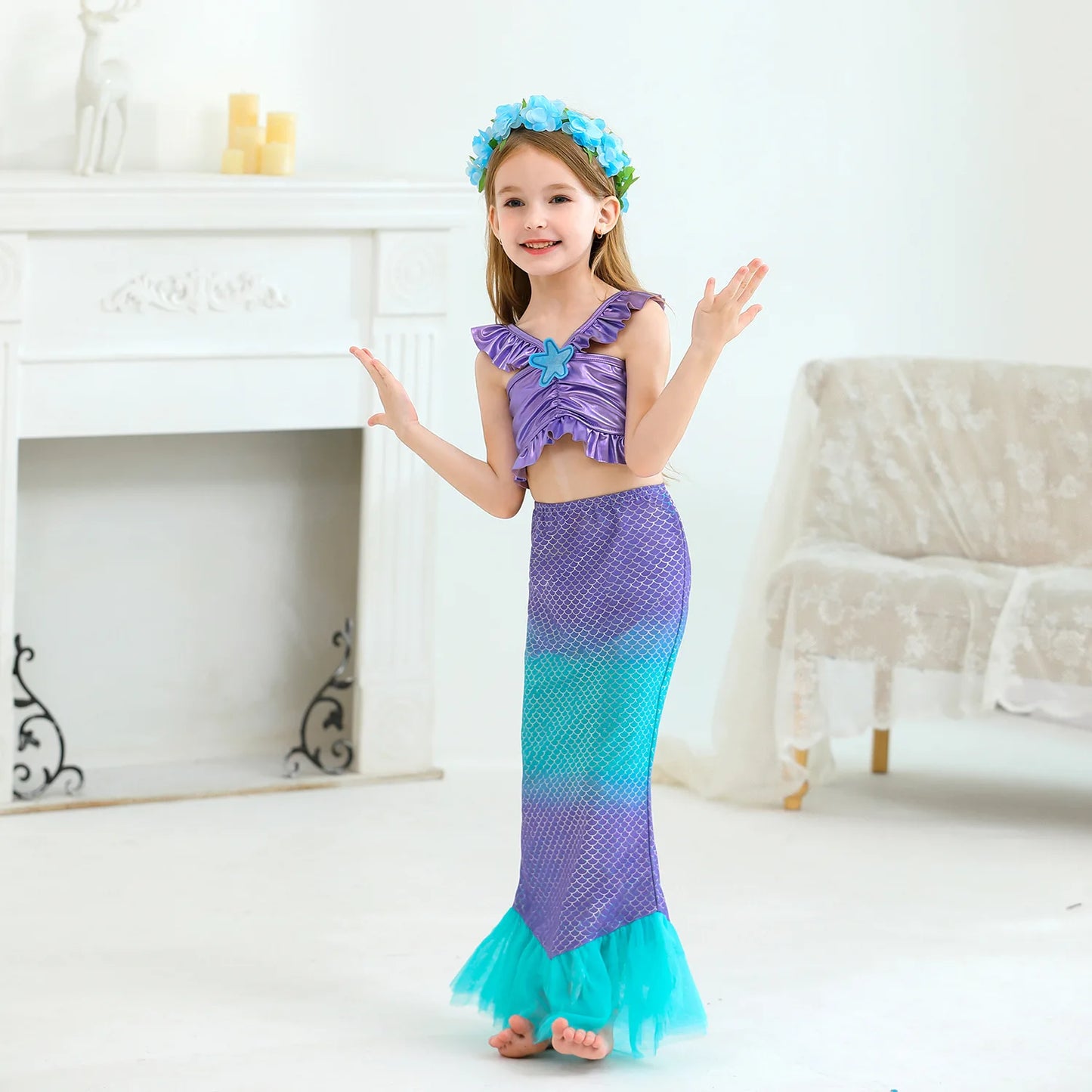 Mermaid Princess Dress Cosplay Party Costume Mid Calf Gown