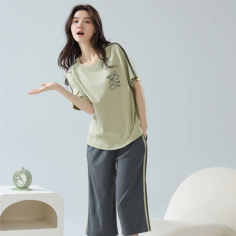 2-Pcs Women’s Cotton Pajama Set – Breathable Short Sleeve Summer Sleepwear with Cute Prints