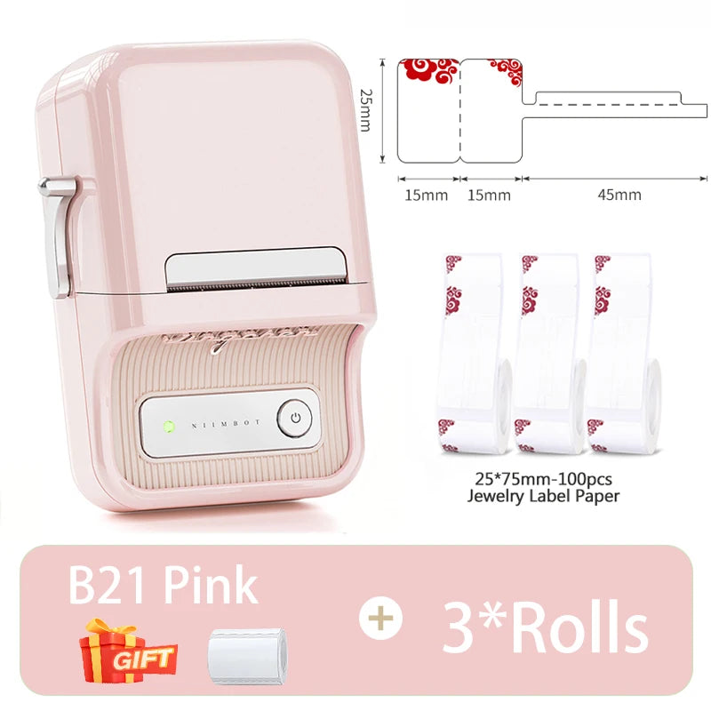 B1/B21 Jewelry Label Printer, Bluetooth Wireless Thermal Sticker Maker 20–50mm, Inkless Price Tag Label Machine for Necklace Ring Bracelet
