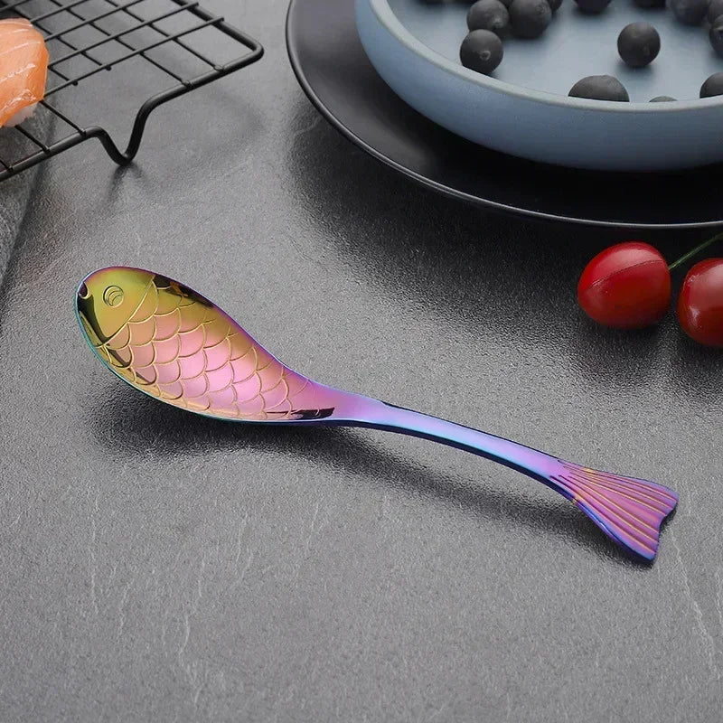 Cute Fish-Shaped Stainless Steel Soup Spoon, Food Grade Cutlery for Ice Cream Desserts, Creative Mermaid Spoon Kitchen Tableware
