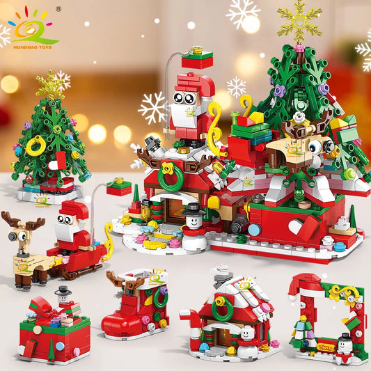 6in1 Christmas Tree Santa Claus Snowhouse Model Building Block DIY Elk Snowman Train Bricks Ornament Toys Adult Gift