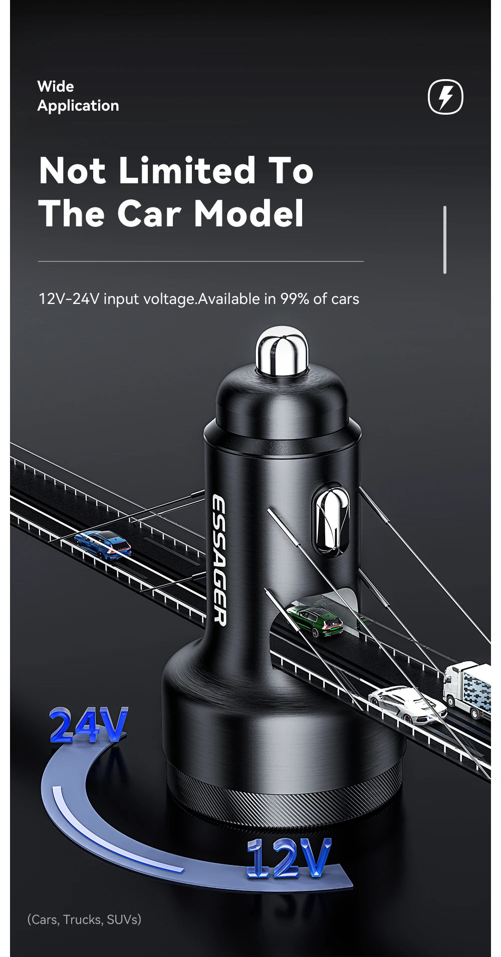 105W USB C Car Charger 3 Port PD 3.0 QC 4.0 Fast Charging GaN Adapter with Digital Display