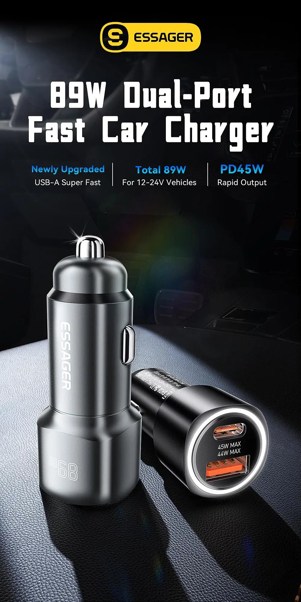 89W USB-C + USB-A Super Fast Car Charger (PD + QC 3.0)