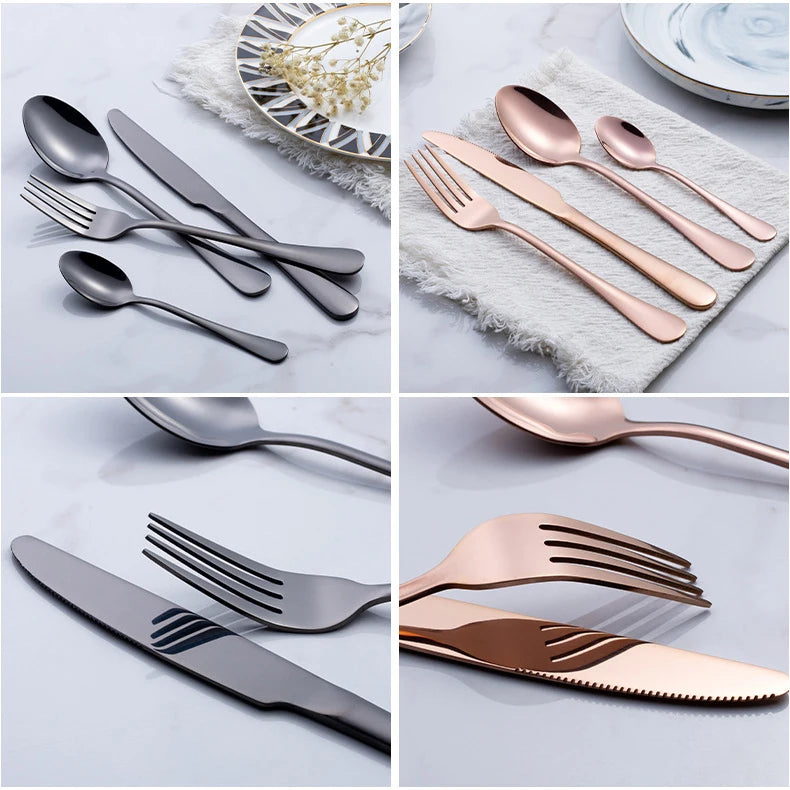 24pcs Golden Tableware Set Light Luxury Stainless Steel Cutlery Fork Knife Spoon Dinnerware Set Minimalist Decor with Gift Box