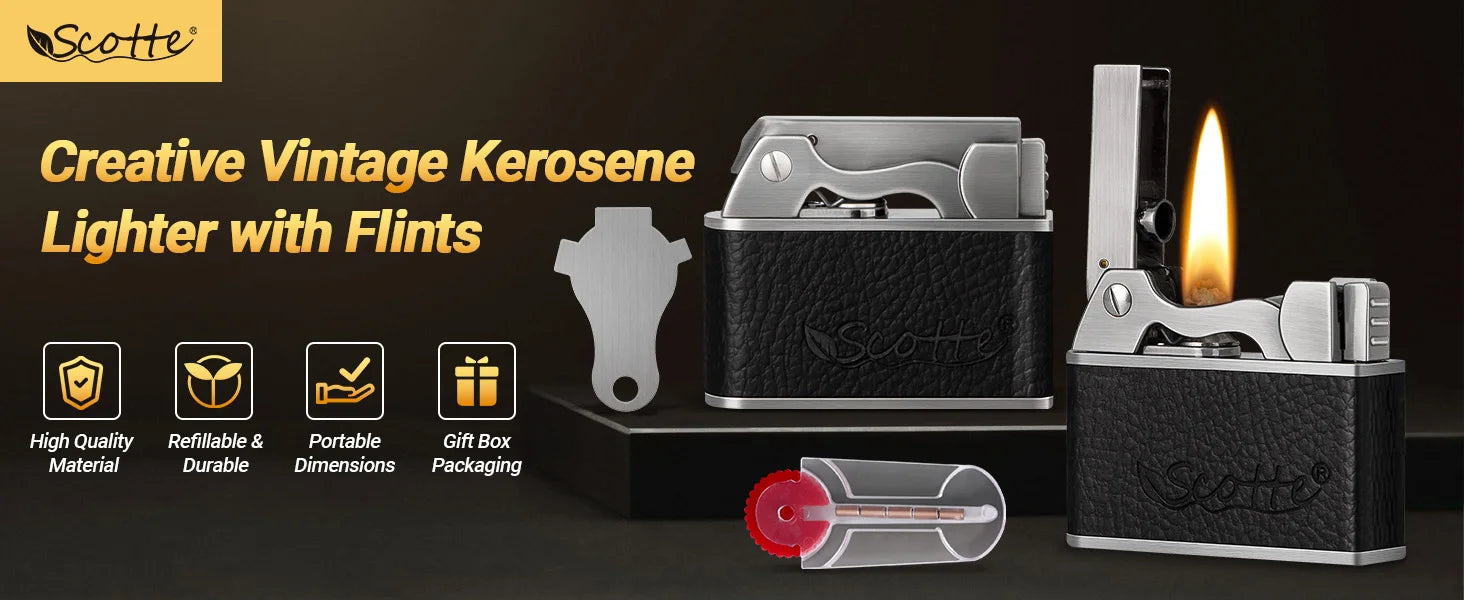 Vintage Kerosene Lighter, Windproof Soft Flame, Metal and Leather Trench Lighter, Fluid Refillable Pocket Lighters