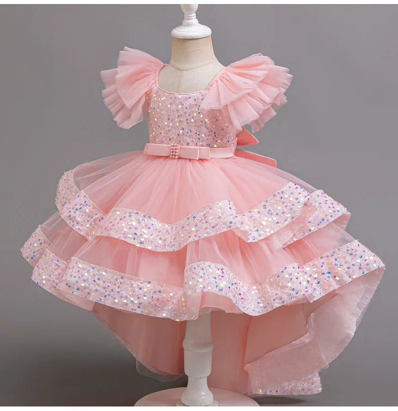 Sparkling Girls' Evening Gown - Sequin Dress with Train for Birthday Party & Piano Recital