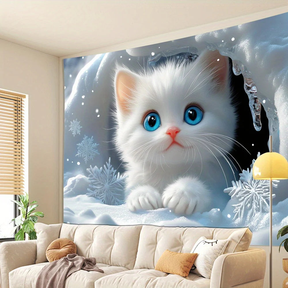 Snow Scenery Plush Cat Tapestry Nordic Style Snow Blue White Living Room Sofa Background Wall Room Decoration