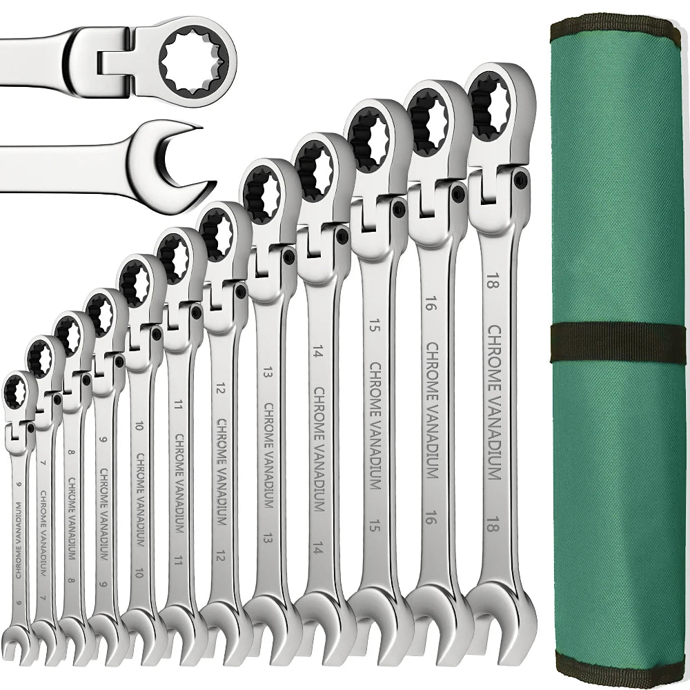 Metric Ratchet Spanner Wrench Set 8–22mm Flex Head 72-Tooth Gear Ring Combination Wrench Kit with Canvas Storage Bag