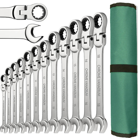 Metric Ratchet Spanner Wrench Set 8–22mm Flex Head 72-Tooth Gear Ring Combination Wrench Kit with Canvas Storage Bag