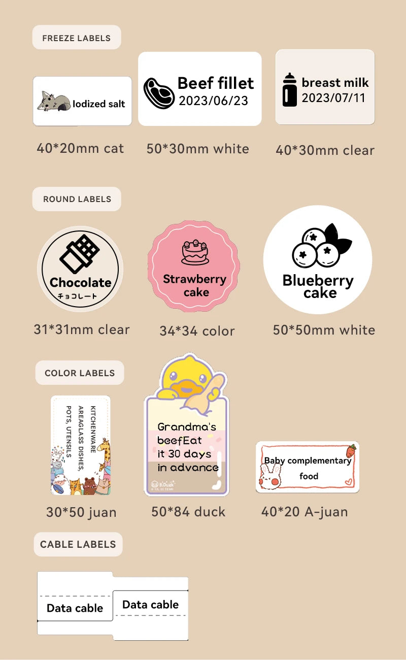 B21 Kitchen Label Printer, Bluetooth Wireless Thermal Label Maker 20–50mm, Inkless Freezer Sticker Printer for Home & Food Storage