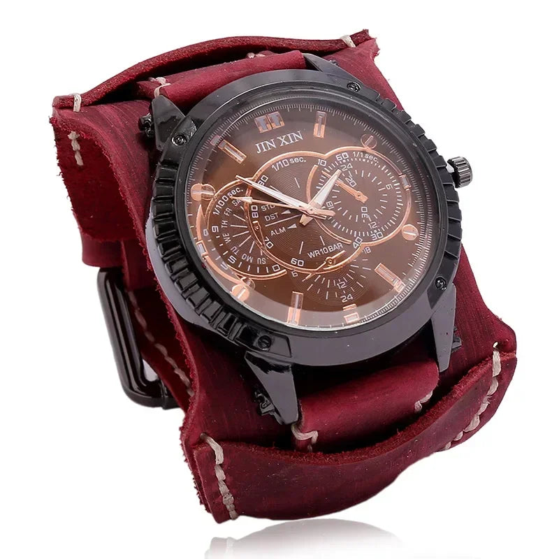 Men Watches Luxury Big Dial Quartz Lovers Watch Wide Genuine Leather Punk Bracelet Sport Wristwatch