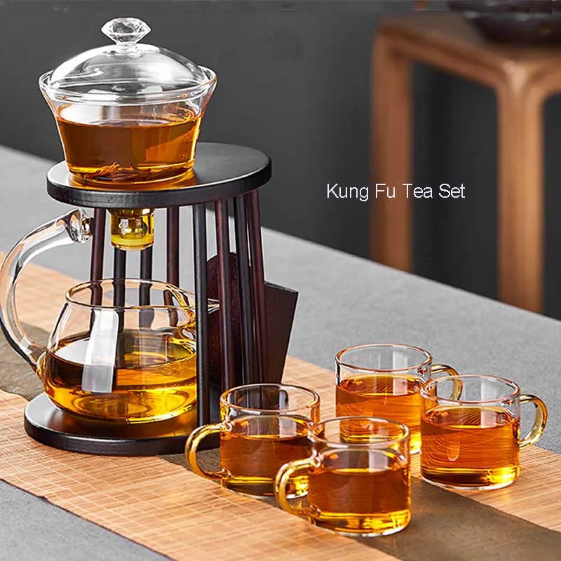 Heat-resistant Glass Tea Set Turkish Drip Pot Diversion Rotating Cover Bowl Semi-automatic Teapot Lazy Kung Fu Tea Set