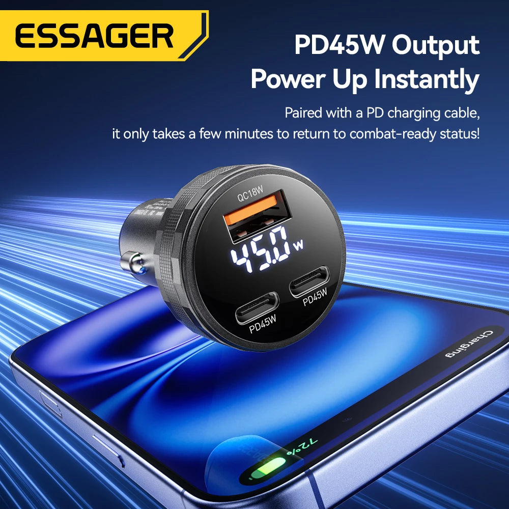108W USB C Car Charger 3 Ports PD 3.0 Fast Charging Digital Display Dual Type C + USB Adapter