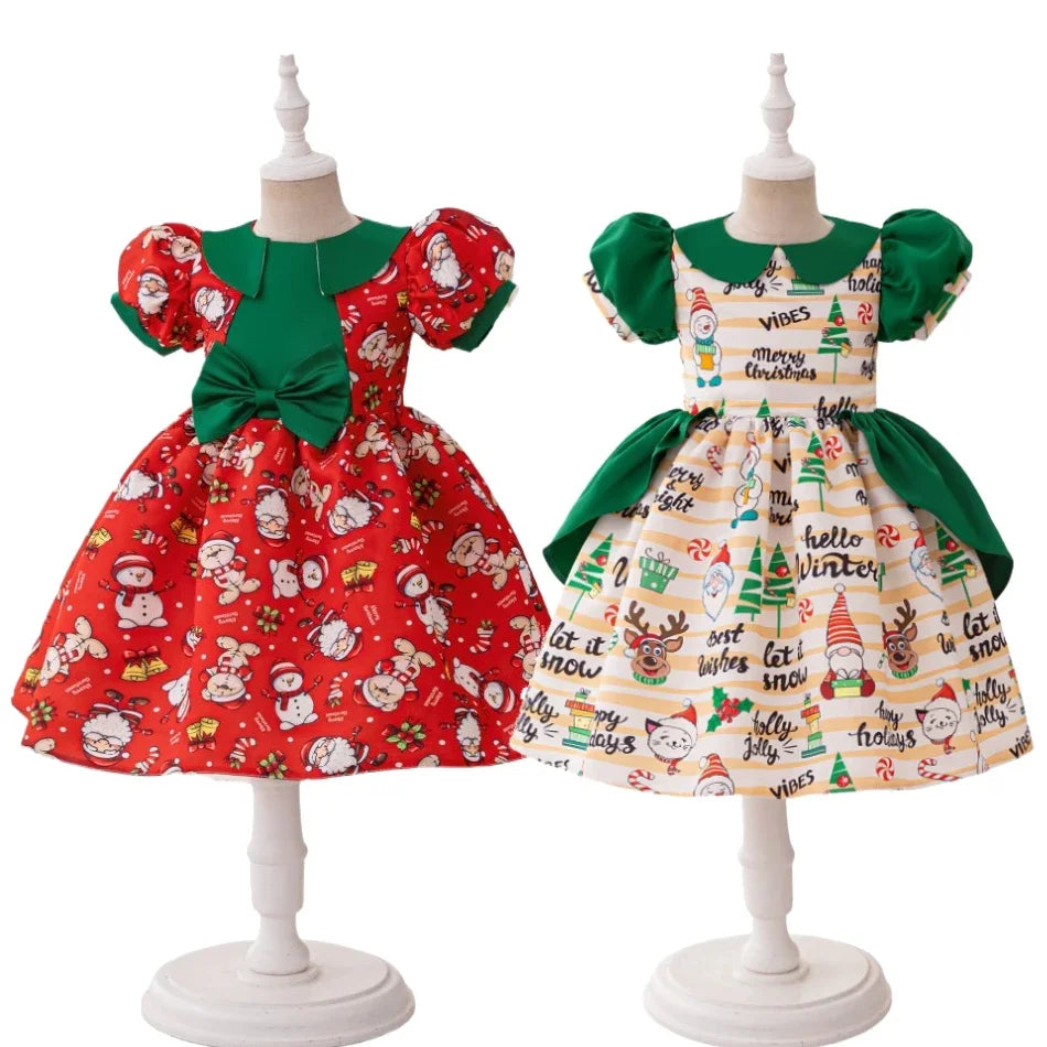 Girls Elegant Dresses Santa Claus Snowflake Print Child Christmas Costume Red Green Kids Princess Dress Party Evening Clothing