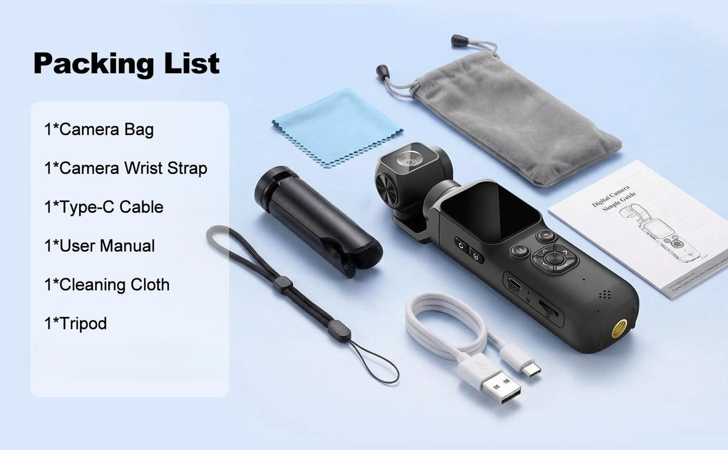 4K Pocket Action Camera 330° Auto-Rotate Lens Face Tracking Touchscreen Vlog Camera with WiFi