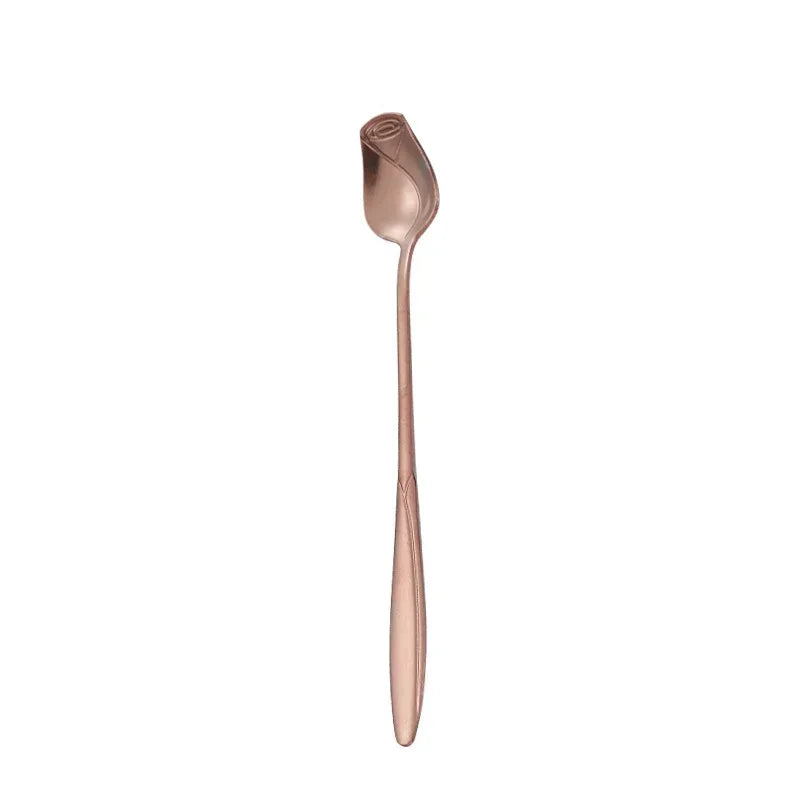 Long Handle Coffee Spoon Stainless Steel Rose Mixing Spoon Pretty Flower Teaspoons for Dessert Honey Salad Cake Tea Home Decor