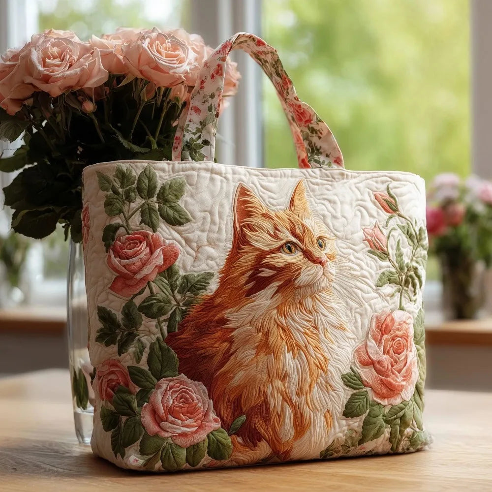 Cat Print Quilted Cotton Tote Bag Large Capacity Travel Shopping Handbag