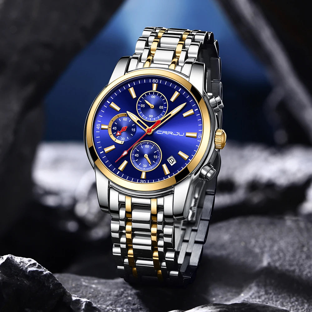 Men Watch Quartz Chronograph Full Steel Waterproof Wristwatch with Date