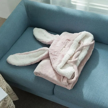 Oversized Warm Blanket Rabbit Comfortable Soft Flannel Fleece Hooded Cloak Thickened Wearable Hoodie Blanket Winter Office Nap