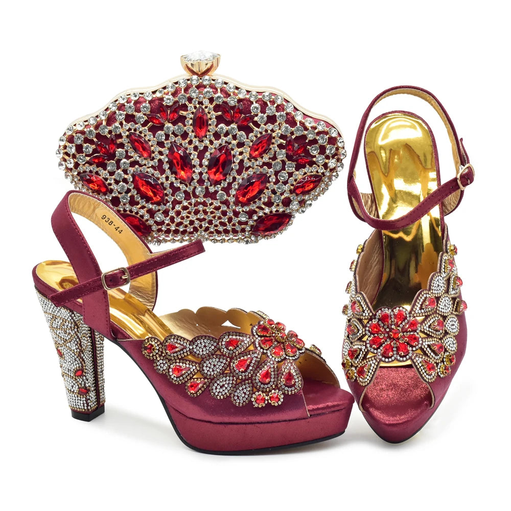 Style Matching Bag and Shoes Set Italian Women Design Shoes Matching Bag Decorated with Rhinestone Luxury Pumps Women