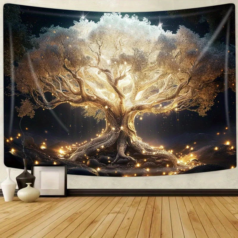 Enchanted Magic Tree Tapestry Tree Pattern Starry Sky Living Room Sofa Backdrop Wall Theme Mystical Style Room Decor