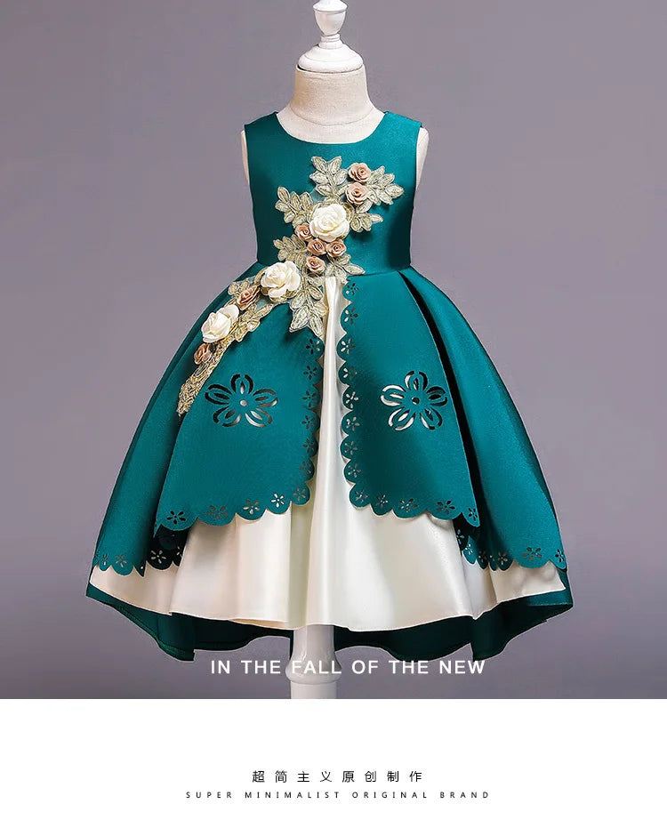 Girls Summer Princess Dress - Sleeveless Tulle Tutu with Floral Appliques | Kindergarten Performance Outfit, Birthday Party Gown