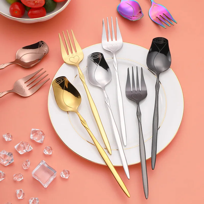 Long Handle Coffee Spoon Stainless Steel Rose Mixing Spoon Pretty Flower Teaspoons for Dessert Honey Salad Cake Tea Home Decor