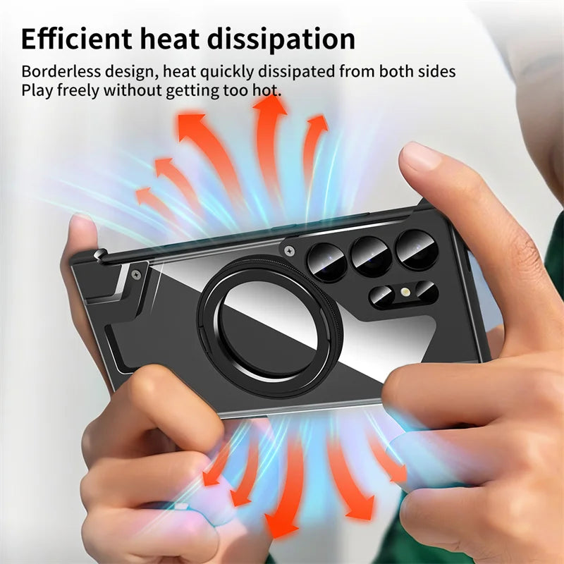 Luxury Metal 360 ° frameless Phone Case For Samsung S 24 23 Ultra Transparent Rotating Bracket Anti Drop Airbag Phone Case