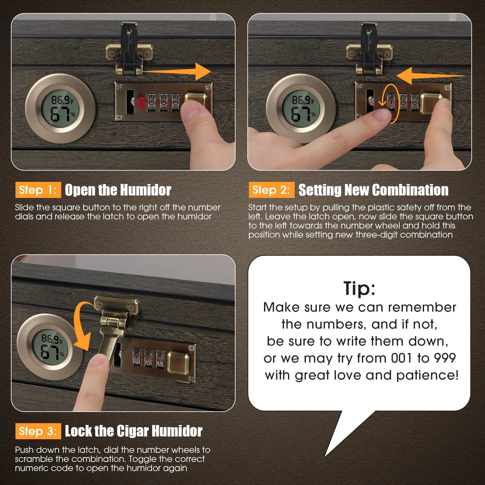 Cigar Humidor, Glass Top Desktop Box with Digital Thermo-Hygrometer, Humidifier, Divider, Accessories Drawer & Combination Lock