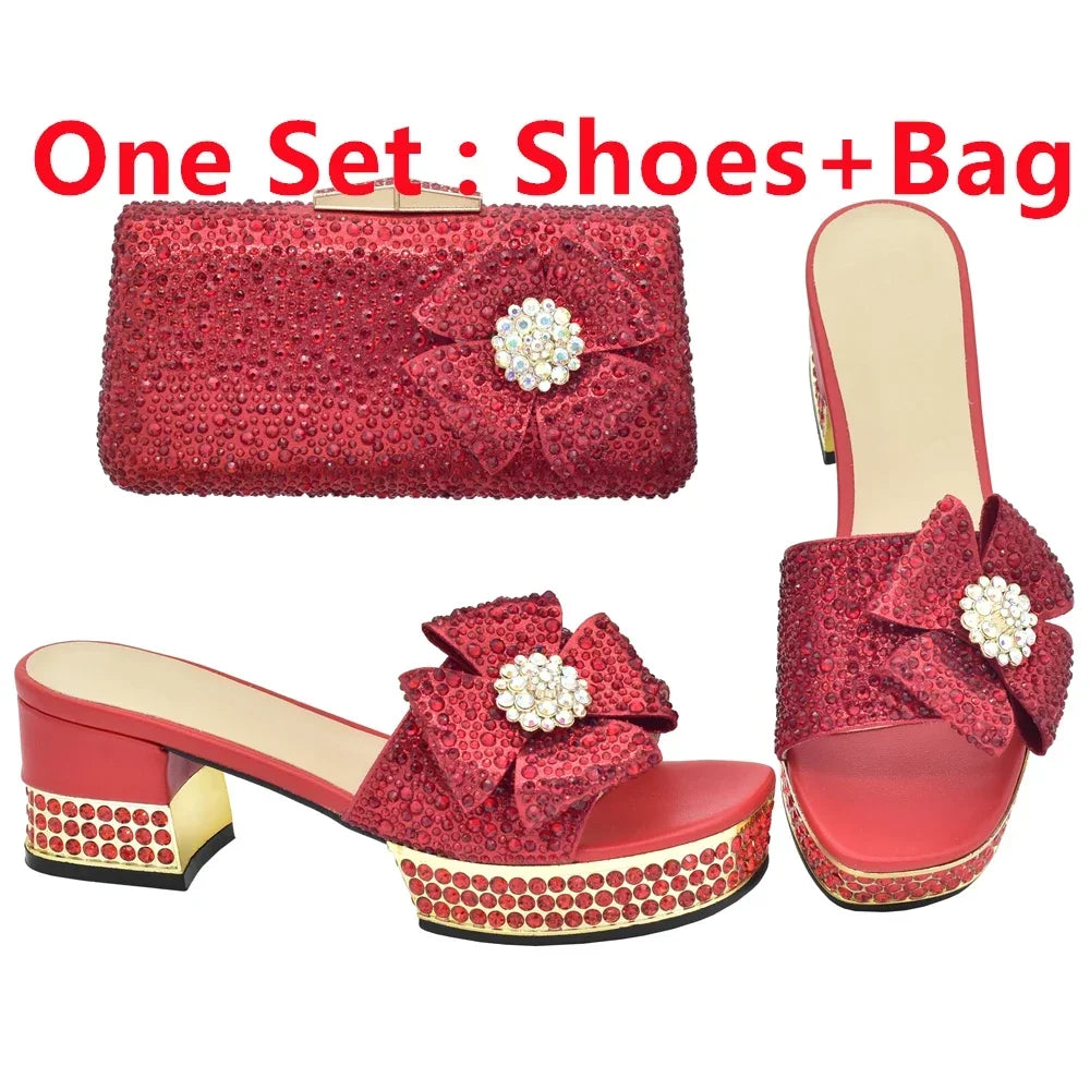 Nigerian Italian Shoes and Bags Set Decorated with Rhinestone Luxury Shoe and Bag Set for Party in Women