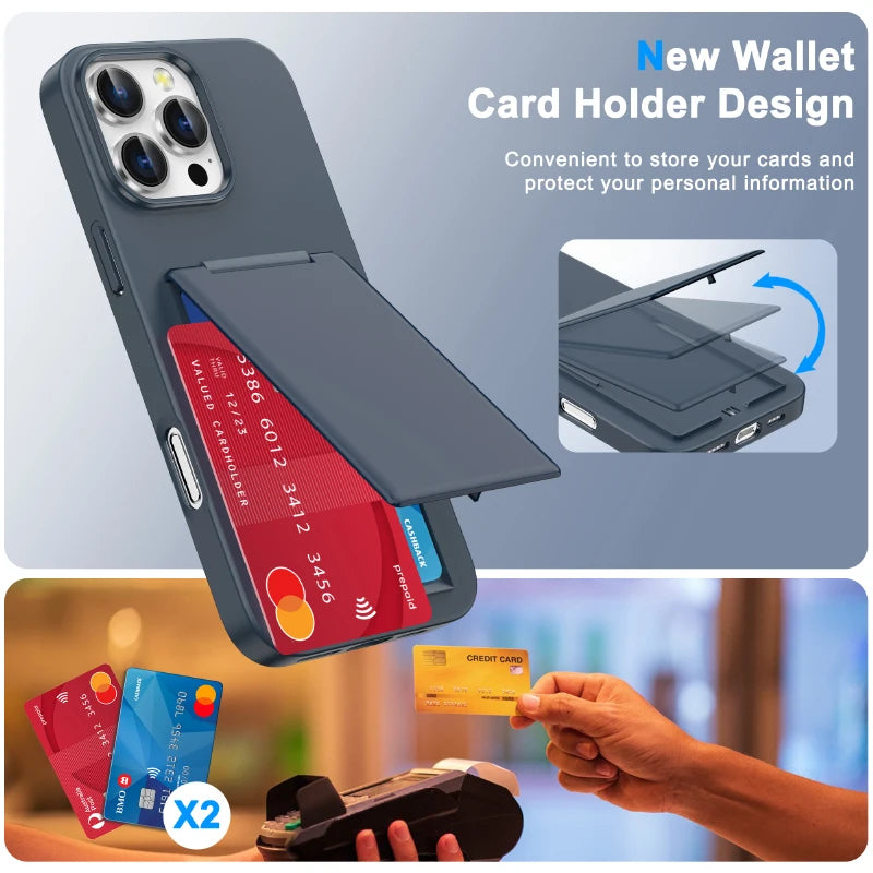 Luxury Solid Color Matte Wallet Card Slot Bracket Phone Case For iPhone 16 Pro Max 14 15 Pro Max Bumper Back Cover