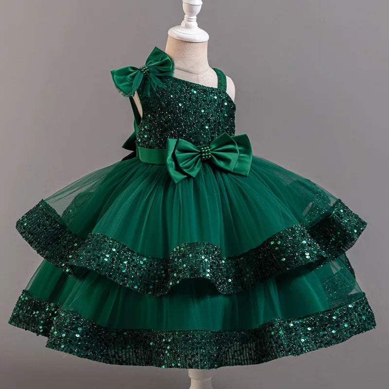 New Girls Sequin Tulle Cake Dress - Sparkling Layered Princess Gown for Baby‘s 1st Birthday & Banquet
