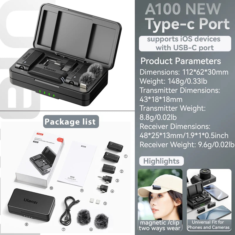 Wireless Lavalier Microphone for iPhone Android Camera Dual Mic with Charging Case
