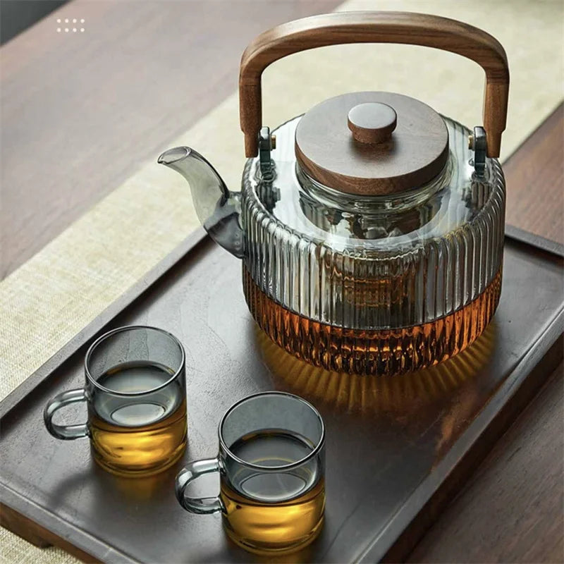 Large Capacity 1300ml Stripe Pattern Glass Teapot with Wooden Beam Handle