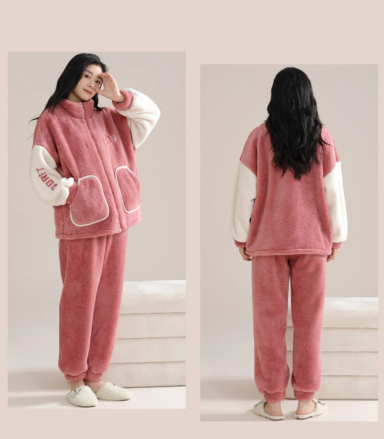 Women’s Christmas Fleece Pajama Set – Warm Flannel Zipper Sleepwear, Thick Coral Velvet