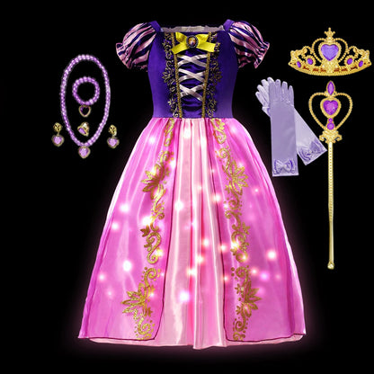 Rapunzel Princess Dress Costume LED Light Up Roleplay Disguise Fancy Kids Halloween Birthday Costume