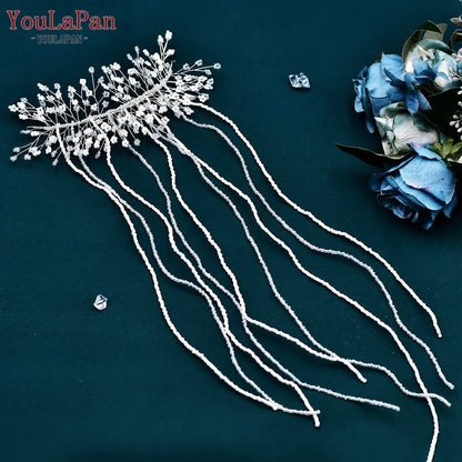 Bridal Beaded Tassel Chain Hair Piece Sparkling Crystal Wedding Hairband Bridesmaid Jewelry Accessories