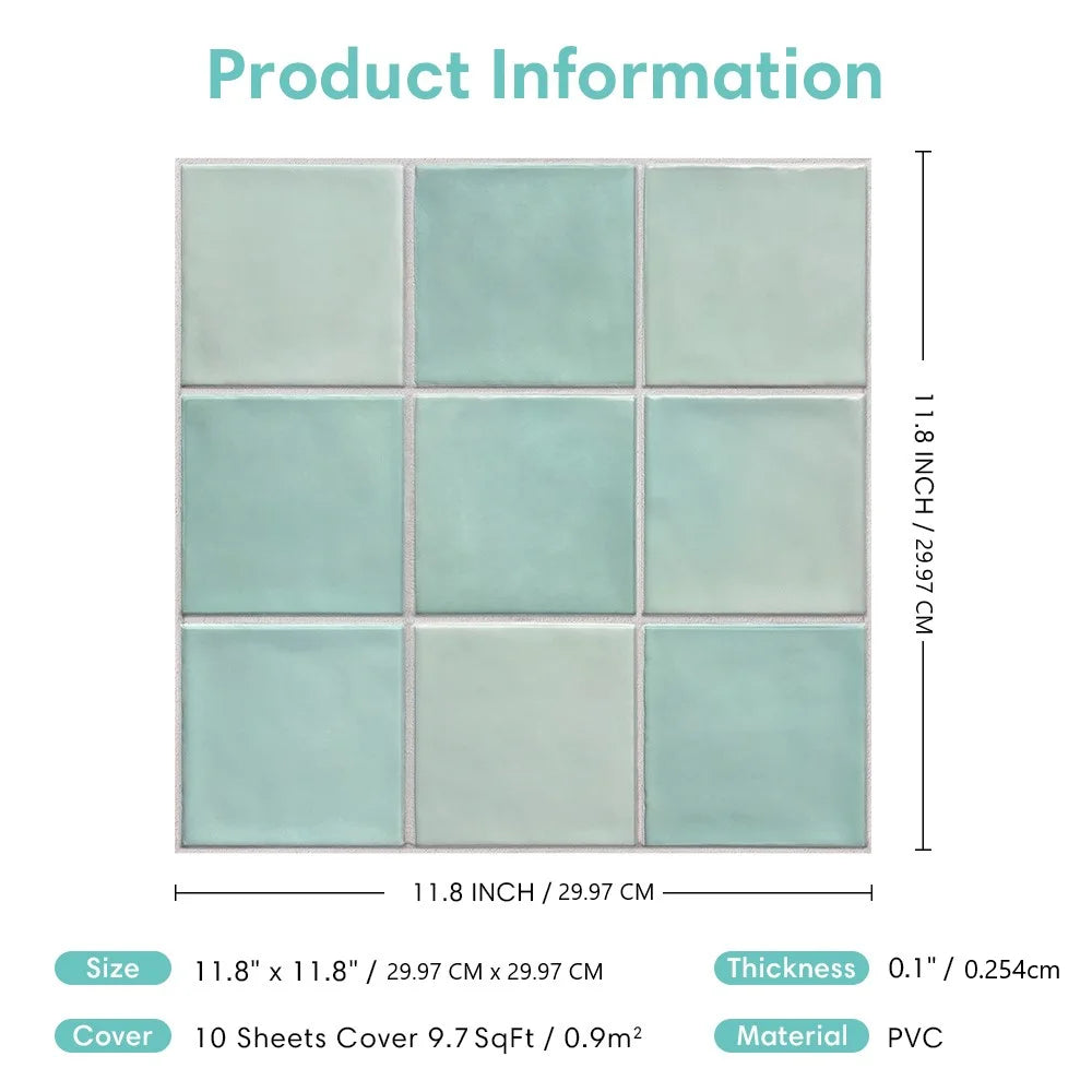 10pcs 3D Tile Stickers, Self-adhesive Green Tile Backsplash for Kitchen Bathroom, Waterproof, Matt, 30 x 30cm, Interior Wall Decor